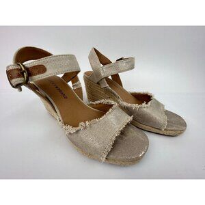 Lucky Brand Mindra Linen Metallic Fringe Slingback Open Toe Wedges Shoes Size 6M
